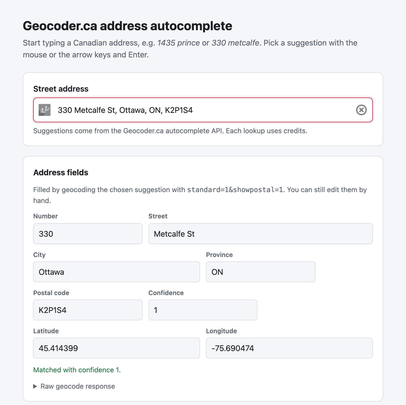 The form after choosing 330 Metcalfe St, Ottawa: number 330, street Metcalfe St, city Ottawa, province ON, postal code K2P1S4, confidence 1, latitude 45.414399, longitude -75.690474