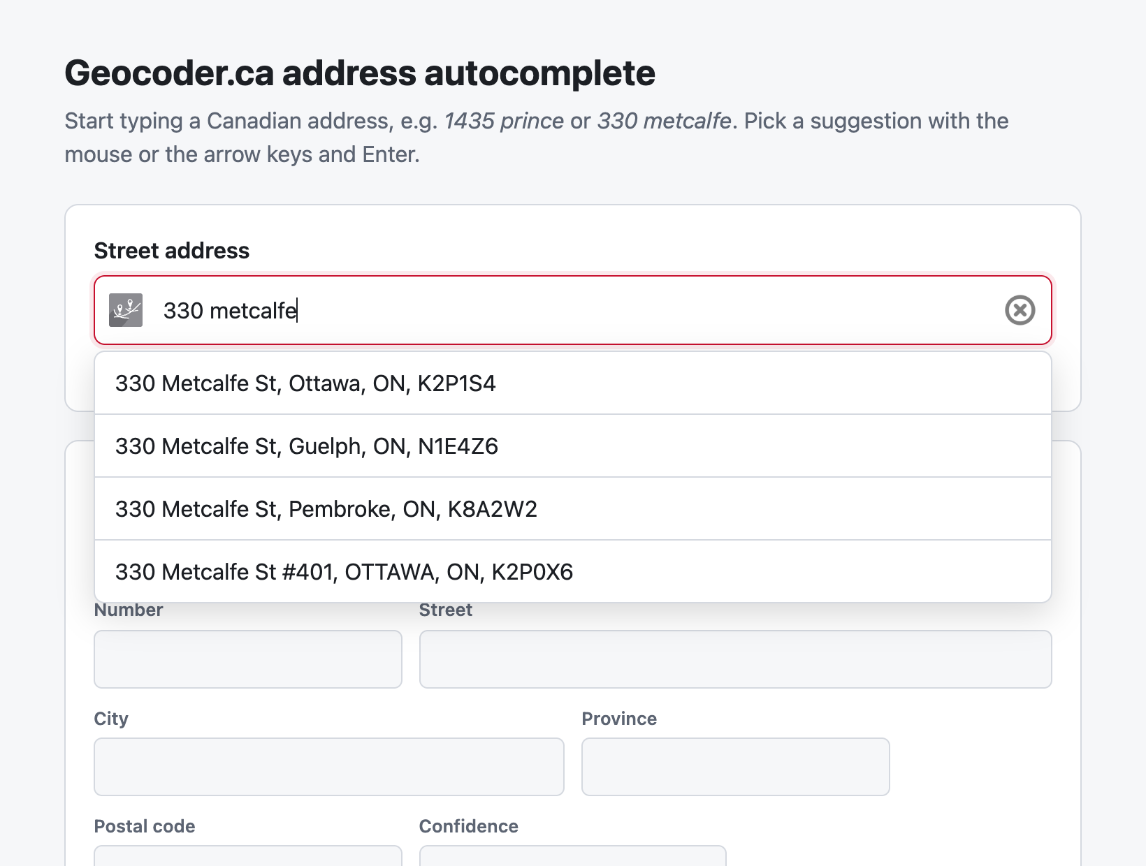The autocomplete form with 330 metcalfe typed and four suggestions: 330 Metcalfe St in Ottawa, Guelph and Pembroke, and 330 Metcalfe St #401 in Ottawa